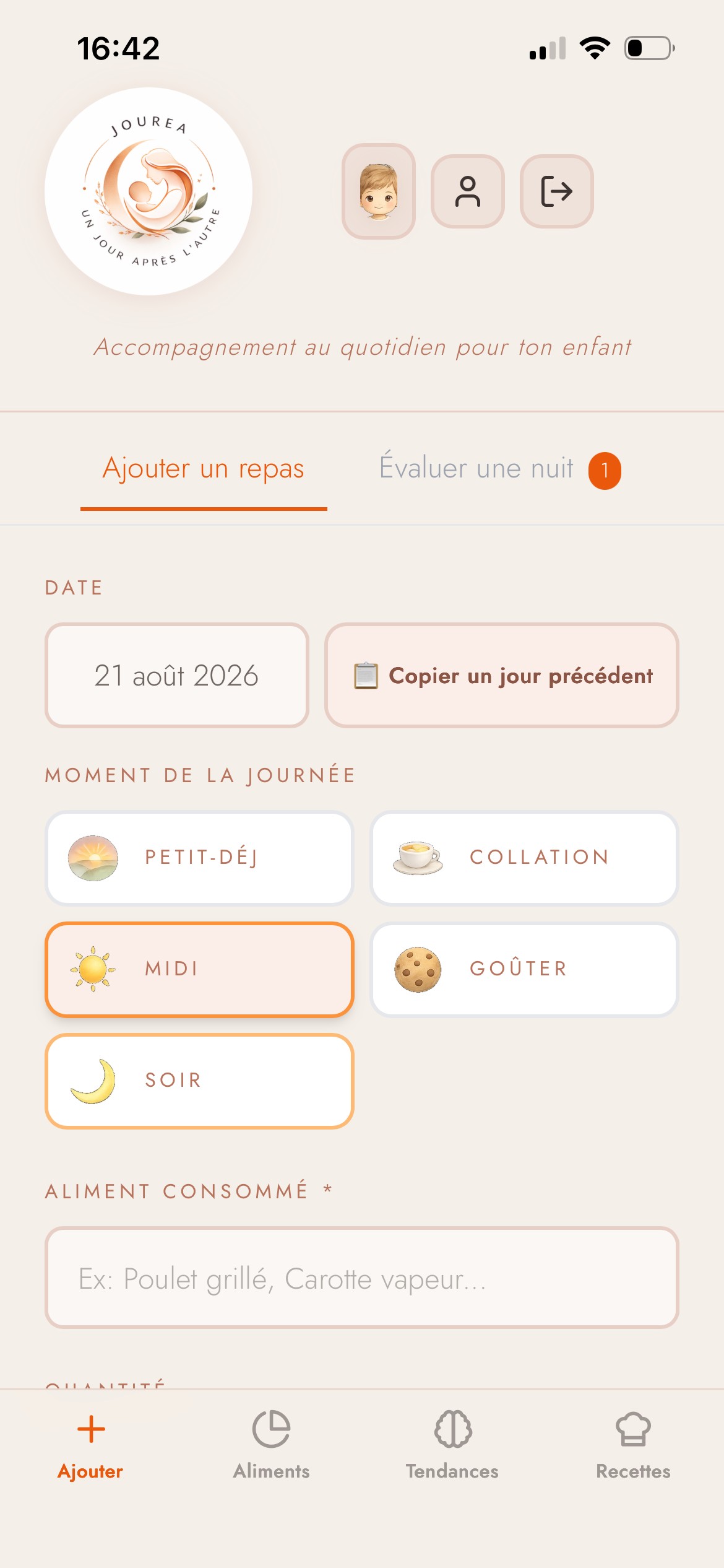 Ajouter un repas — application Jourea