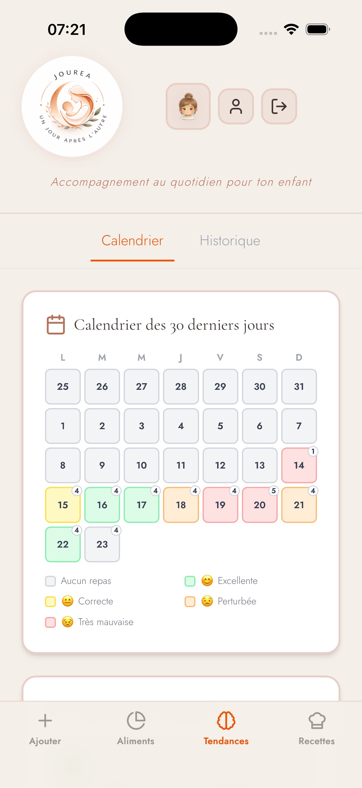Calendrier des 30 derniers jours — application Jourea